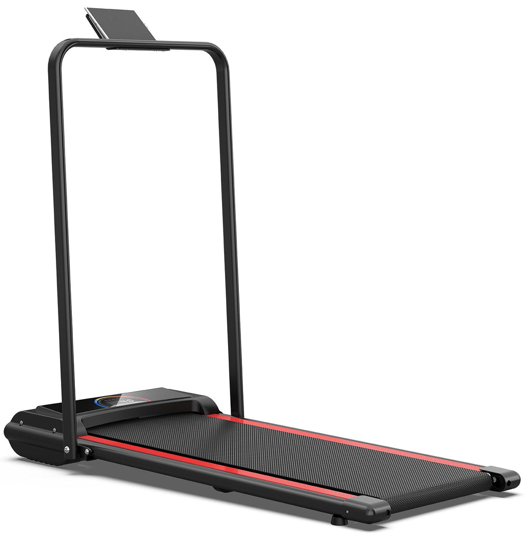 A black folding treadmill with a red accent stripe on the running belt, featuring a built-in handrail and a small digital display at the top, shown on a solid white background.
