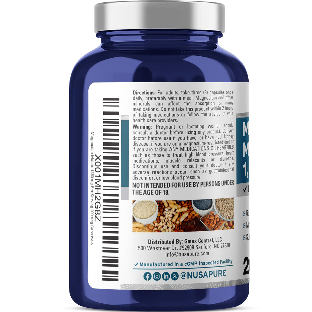 NusaPure Magnesium Malate 1350mg 200 Veggie Capsules (Vegan, Non-GMO, Vegan)