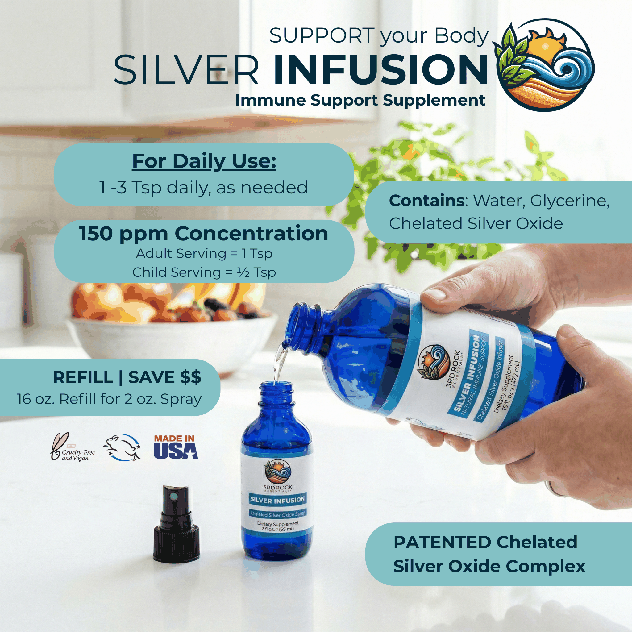 3rd Rock Essentials Silver Infusion – 150 PPM Chelated Silver Oxide Complex Supplement– 16 fl oz