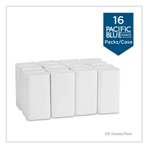 Stack of white paper towels with Pacific Blue Select branding on a white background