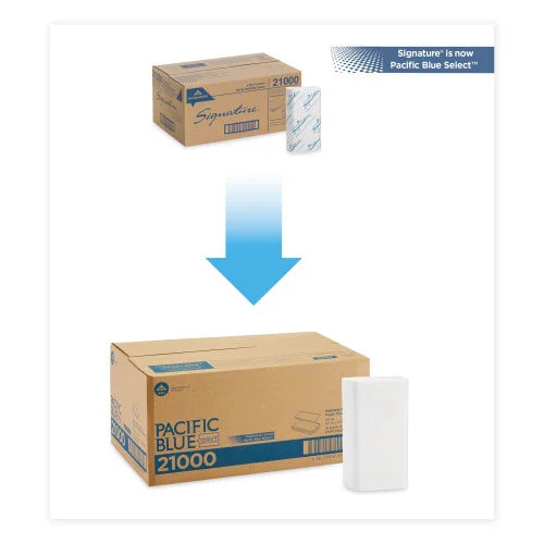 Two cardboard boxes labeled 'Pacific Blue Select' with a blue arrow pointing from one to the other, on a white background.