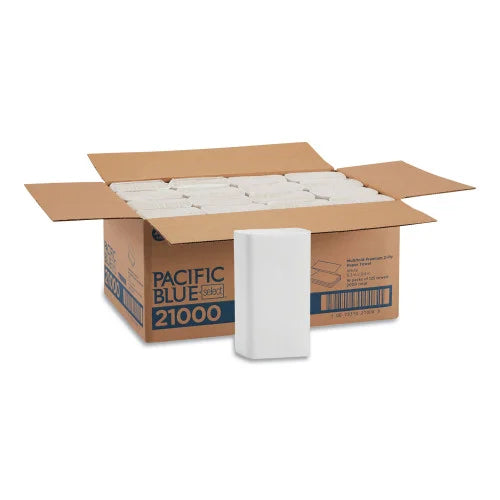 Box of Pacific Blue Select paper towels with a single folded towel in front on a white background