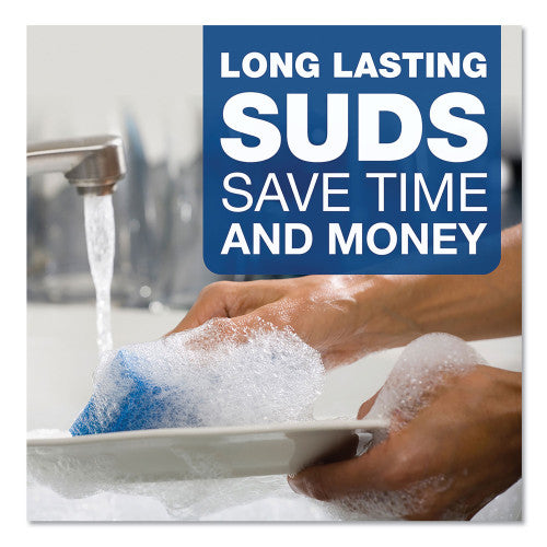 Person washing a plate with soap suds, text overlay 'Long Lasting Suds Save Time and Money' on a blue background.