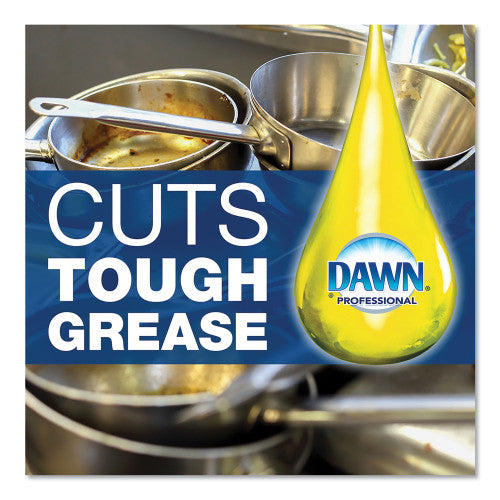 DAWN Professional dish soap with a yellow droplet graphic on a background of greasy pots and pans.