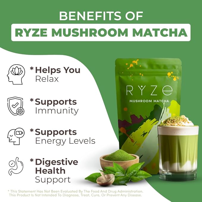 RYZE Superfoods Mushroom Matcha Starter Kit with USDA Organic ceremonial-grade matcha, six adaptogenic mushrooms, and wooden spoon for energy, focus, and immune support.