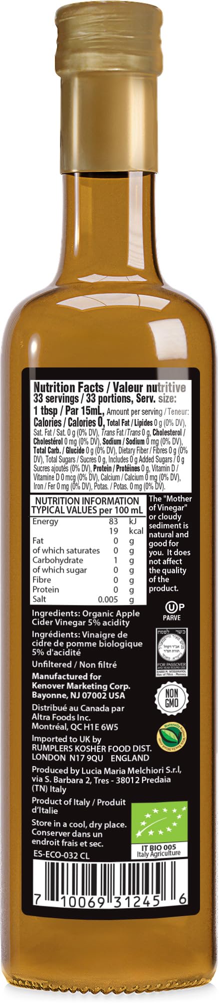Tuscanini Organic Italian Apple Cider Vinegar with the Mother – 16.9 oz