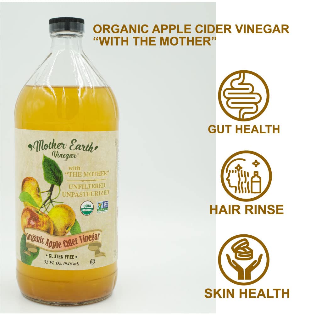 Mother Earth Organic Apple Cider Vinegar With The Mother – 16 oz Glass Bottle