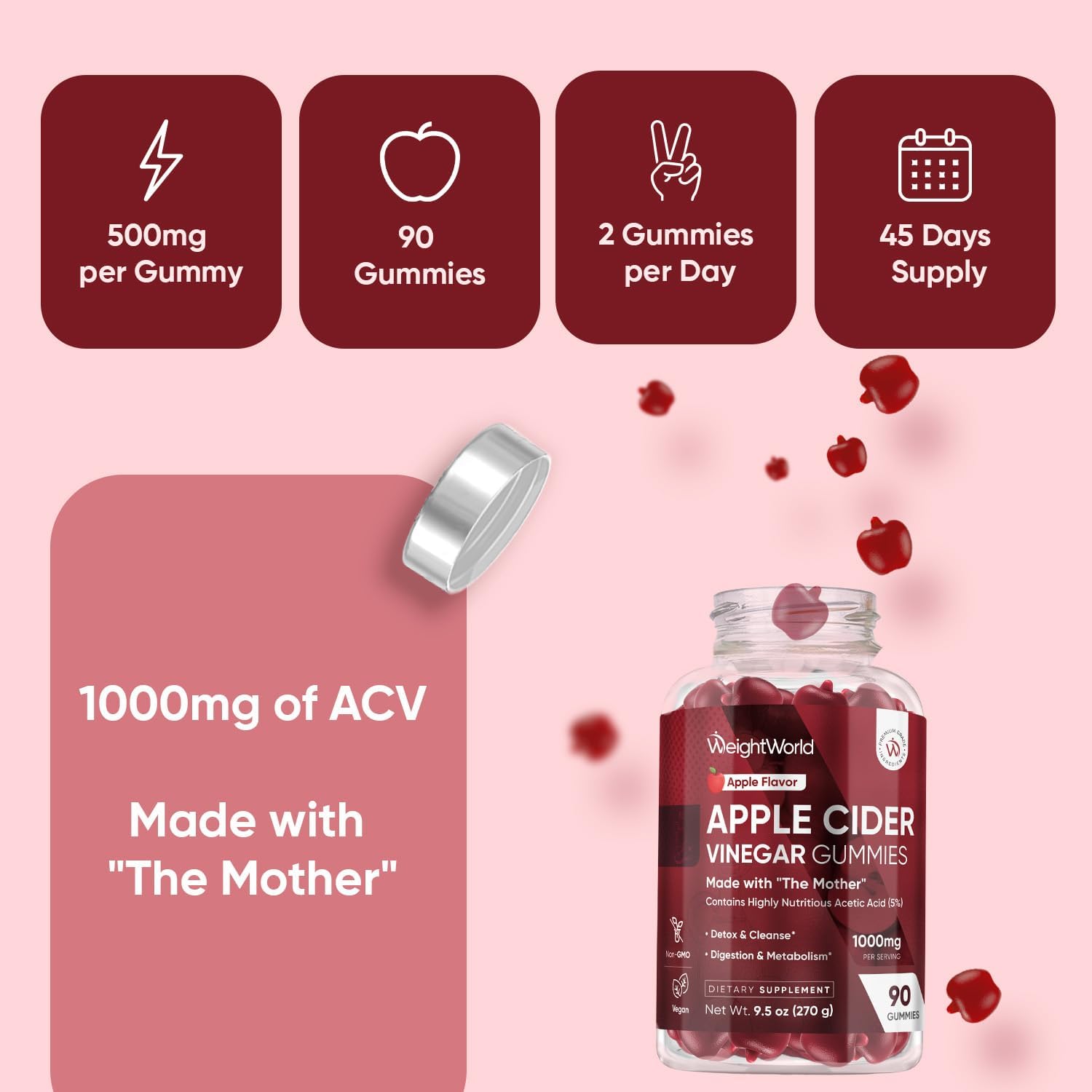 WeightWorld Apple Cider Vinegar Gummies with the Mother – 1000 mg, 90 Count