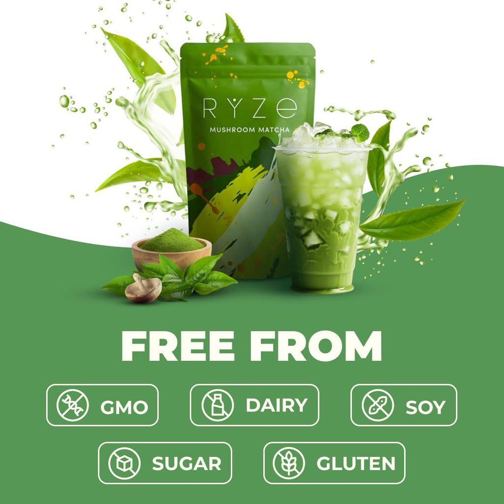 RYZE Superfoods Mushroom Matcha Starter Kit with USDA Organic ceremonial-grade matcha, six adaptogenic mushrooms, and wooden spoon for energy, focus, and immune support. Non-GMO, Non-Dairy, Soy-Free, Sugar-Free, Gluten-Free. 100% vegan with functional mushrooms.