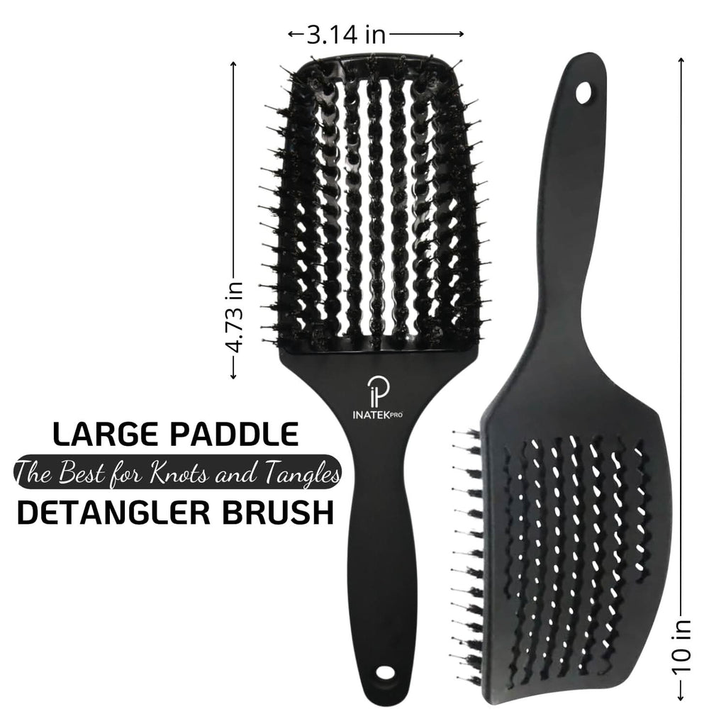 INATEKPRO Curved Vented Boar Bristle Detangler Brush - Black | LARGE