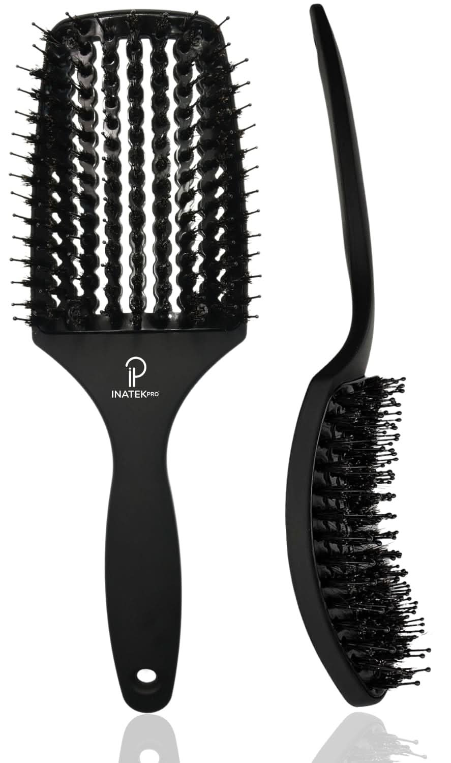 INATEKPRO Curved Vented Boar Bristle Detangler Brush - Black | LARGE