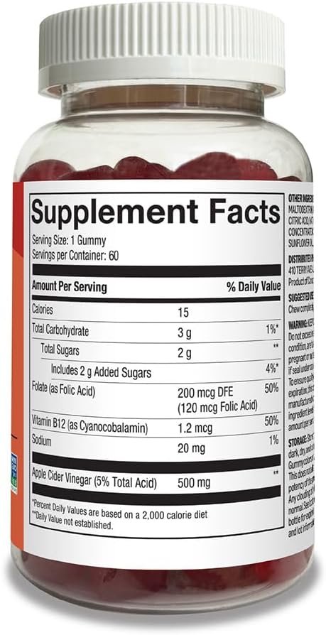 Amazon Basics Apple Cider Vinegar Gummies with Vitamin B12 – 500 mg, 60 Count