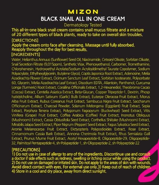 MIZON Black Snail All In One Cream product label showing directions, full ingredient list, and precautions on black retail packaging. Dermatologist-tested Korean skincare moisturizer with black snail secretion filtrate, niacinamide, botanical extracts, and peptides for hydration, skin repair, and anti-aging care.