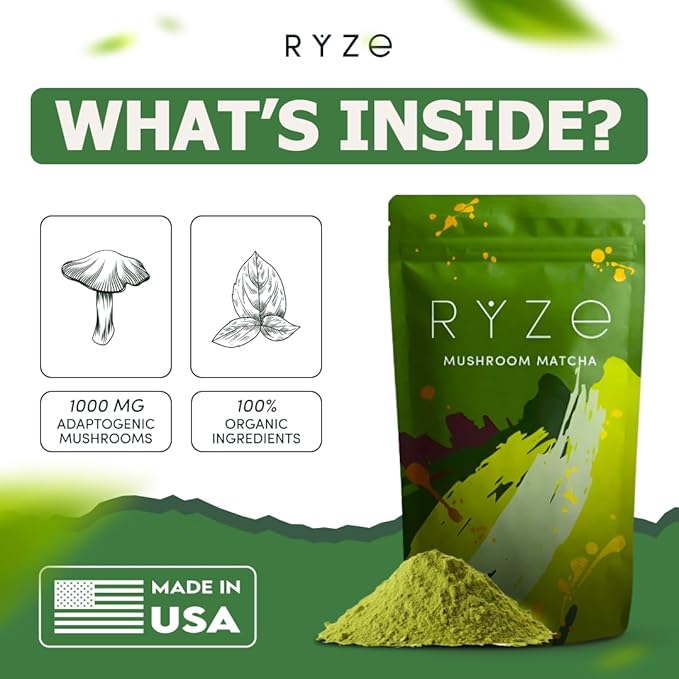 RYZE Superfoods Mushroom Matcha Starter Kit with USDA Organic ceremonial-grade matcha, six adaptogenic mushrooms, and wooden spoon for energy, focus, and immune support. 1000 MG Adaptogen Mushrooms, 100% Organic Ingredients. Made in the USA
