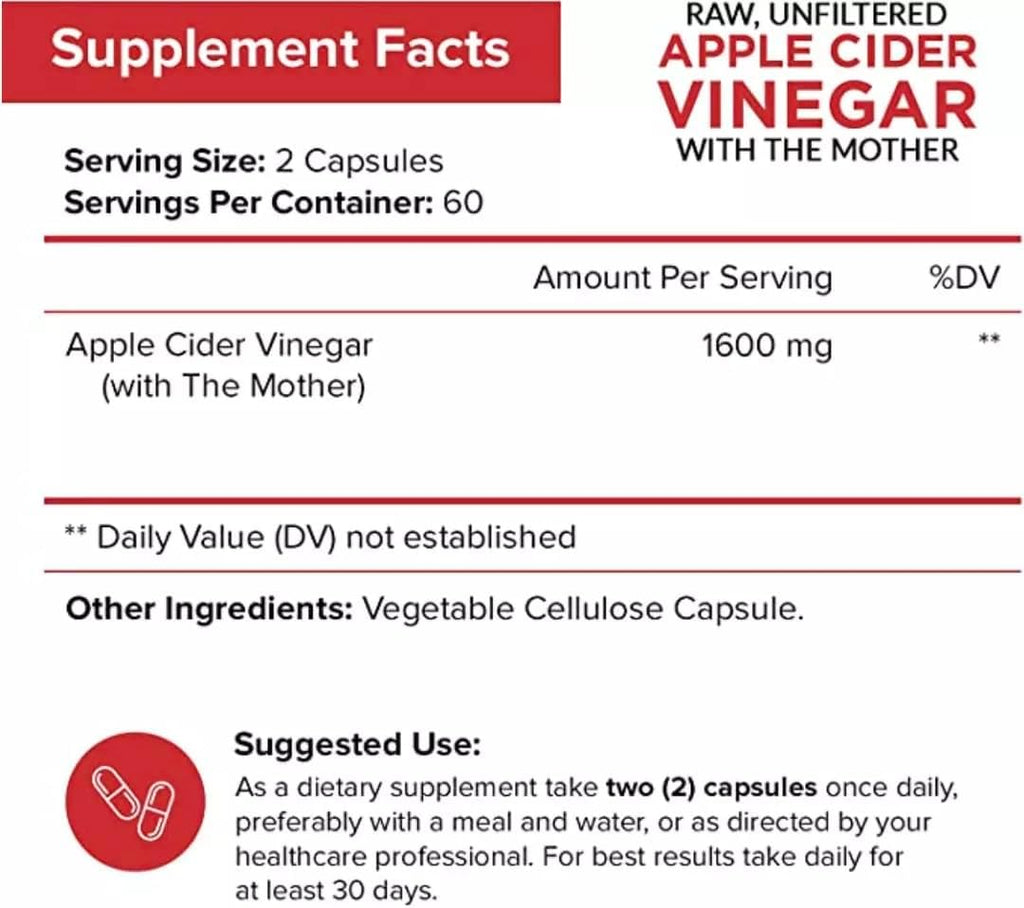 NutriFlair Apple Cider Vinegar Capsules with the Mother – 1,600 mg, 120 Vegan Capsules