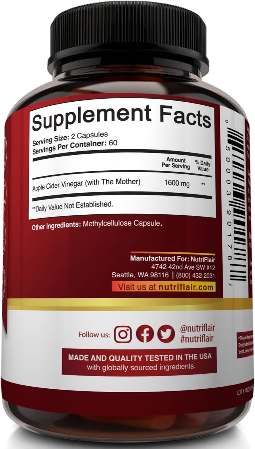 NutriFlair Apple Cider Vinegar Capsules with the Mother – 1,600 mg, 120 Vegan Capsules