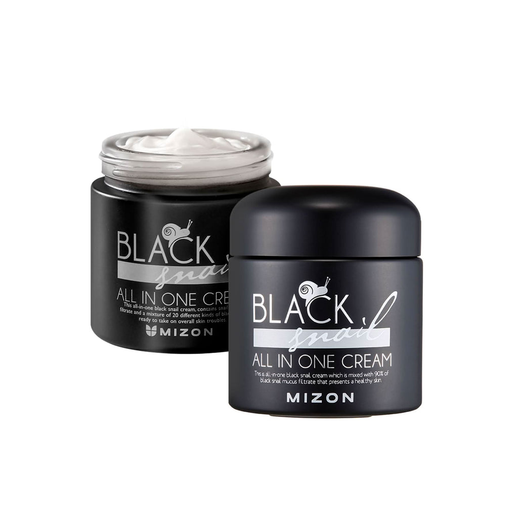 MIZON Black Snail All In One Cream moisturizing face cream in black jar with open jar showing rich white cream on a white background. Snail mucin moisturizer for hydrating, repairing, and improving skin elasticity.