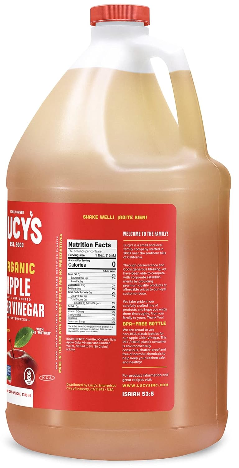 Lucy’s Organic Raw Apple Cider Vinegar with the Mother – Unfiltered, Non-GMO, Gallon Size