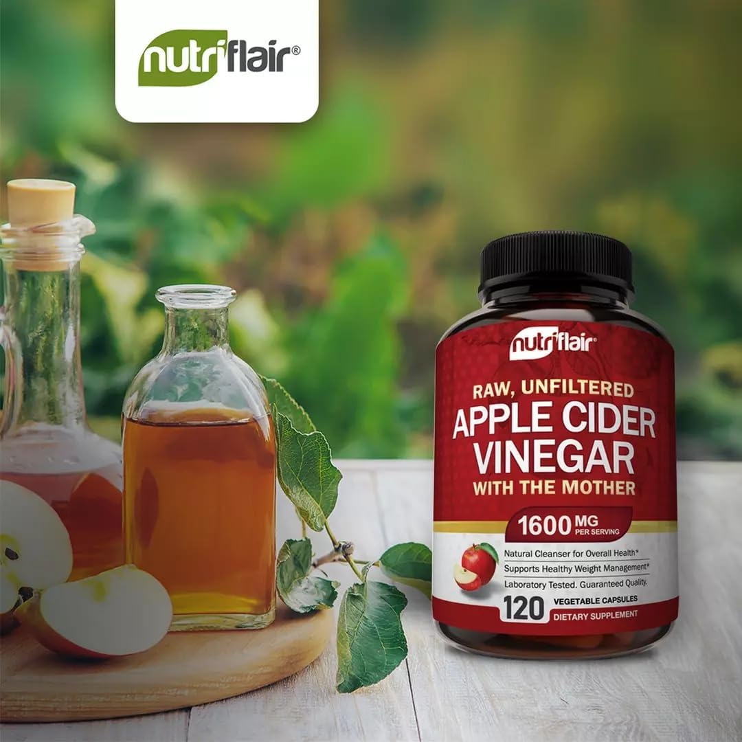 NutriFlair Apple Cider Vinegar Capsules with the Mother – 1,600 mg, 120 Vegan Capsules