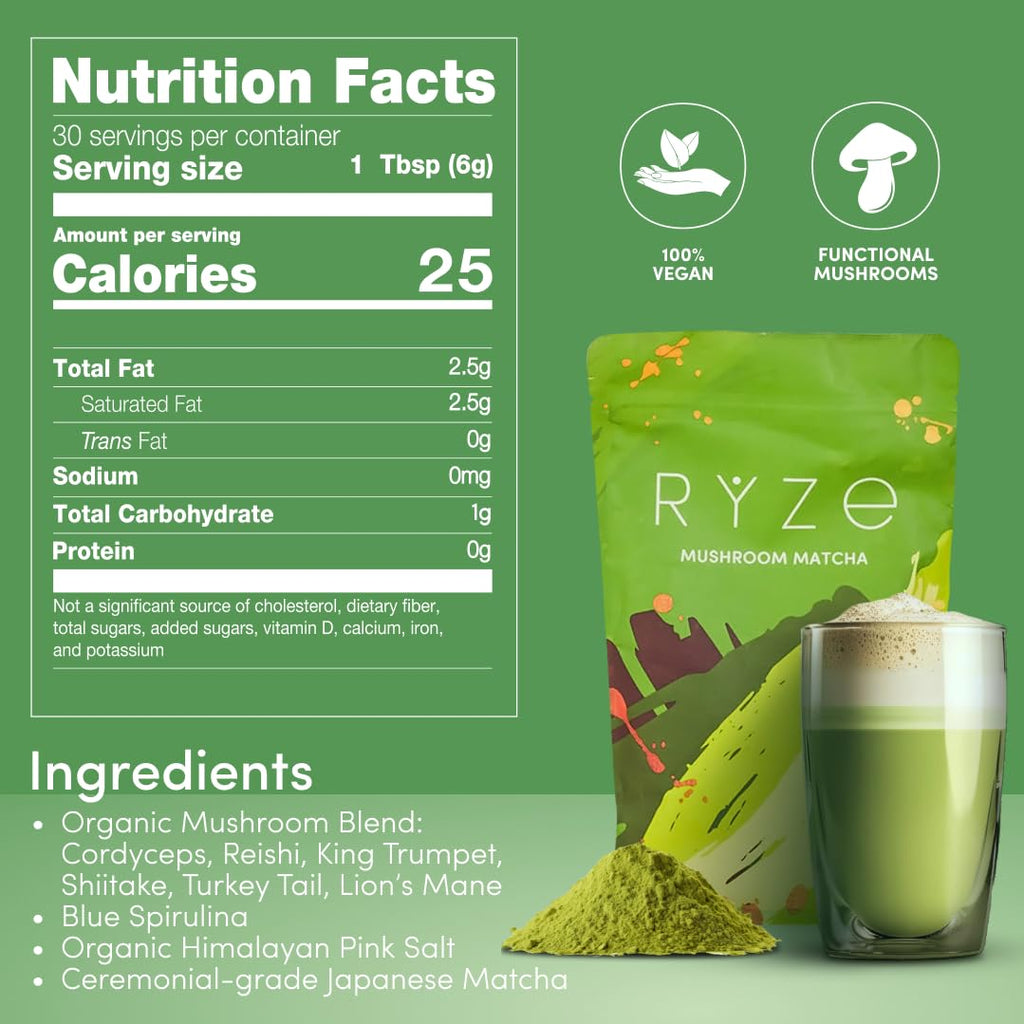 RYZE Superfoods Mushroom Matcha Starter Kit with USDA Organic ceremonial-grade matcha, six adaptogenic mushrooms, and wooden spoon for energy, focus, and immune support. Nutrition Facts and ingredients list.

Ingredients: Organic Mushroom Blend: Cordyceps, Reishi, King, Trumpet, Shiitake, Turkey Tail, Lion's Mane, Blue Spirulina, Organic Himalayan Pink Salt, Ceremonial-grade Japanese Matcha