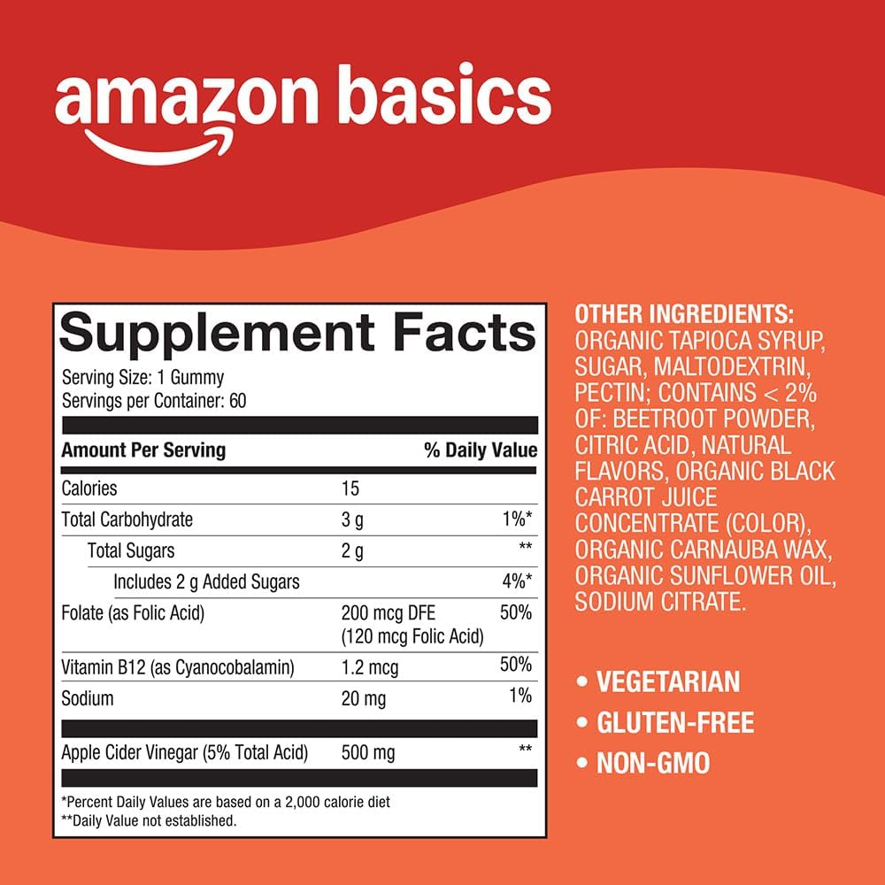 Amazon Basics Apple Cider Vinegar Gummies with Vitamin B12 – 500 mg, 60 Count