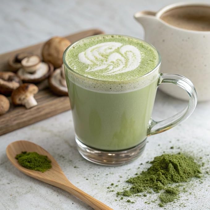 RYZE Superfoods Mushroom Matcha Starter Kit with USDA Organic ceremonial-grade matcha, six adaptogenic mushrooms, and wooden spoon for energy, focus, and immune support.