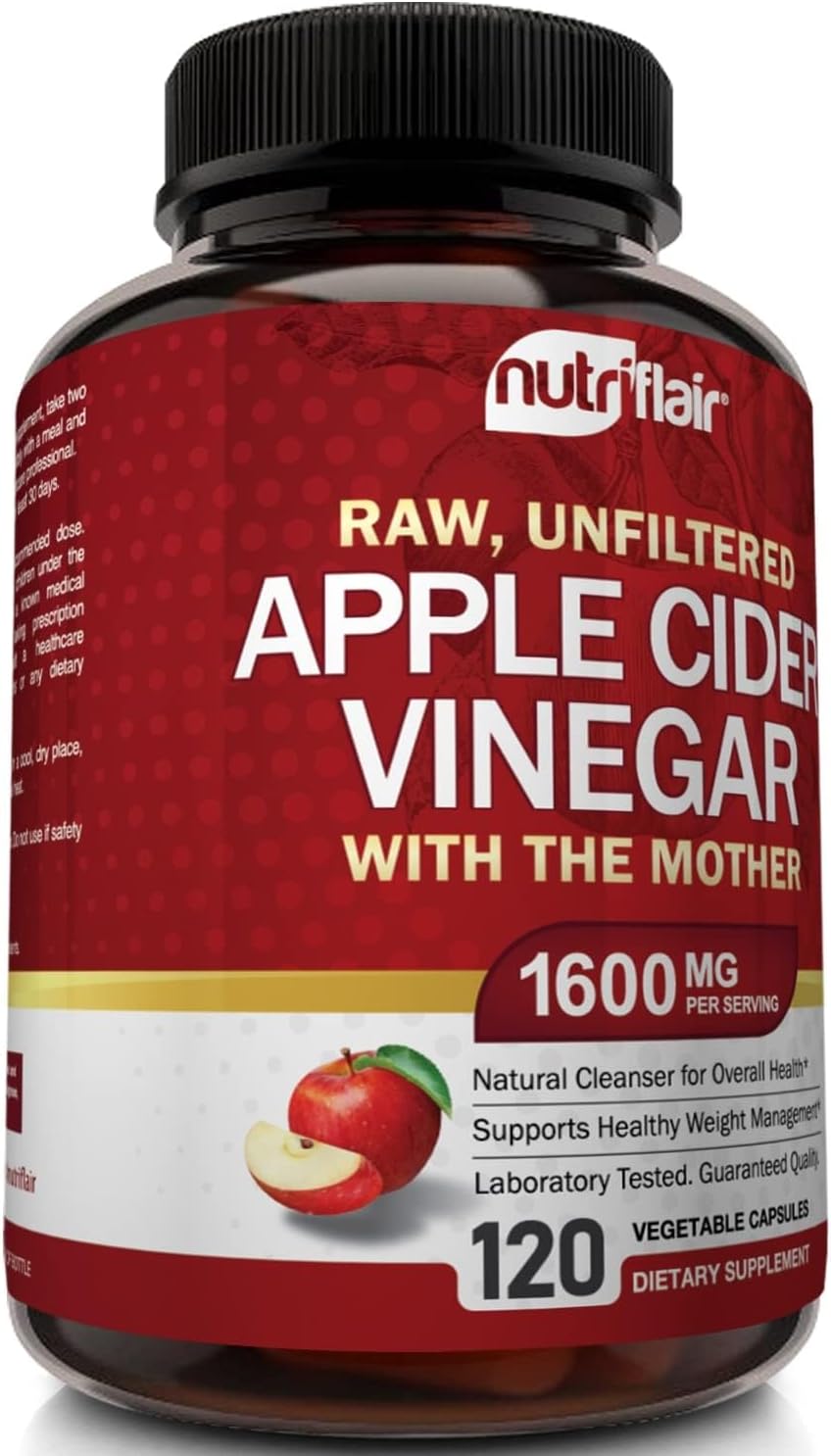 NutriFlair Apple Cider Vinegar Capsules with the Mother – 1,600 mg, 120 Vegan Capsules