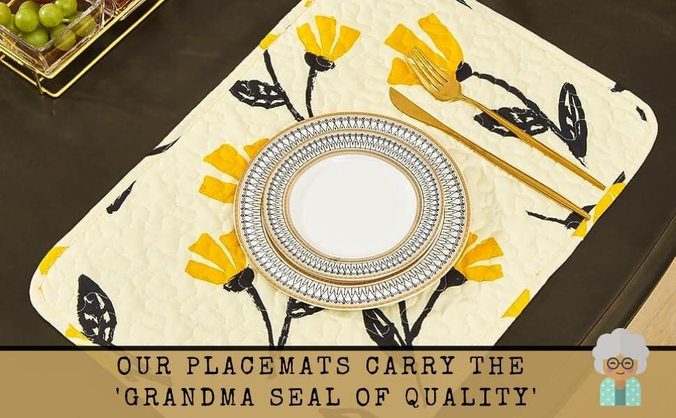 DaDa Bedding Botanical Floral Dining Table Placemats - Set of 4-Pieces Quilted Ivory with Yellow Fleur Golden Orange Spring Time Tulips - 13 x 19