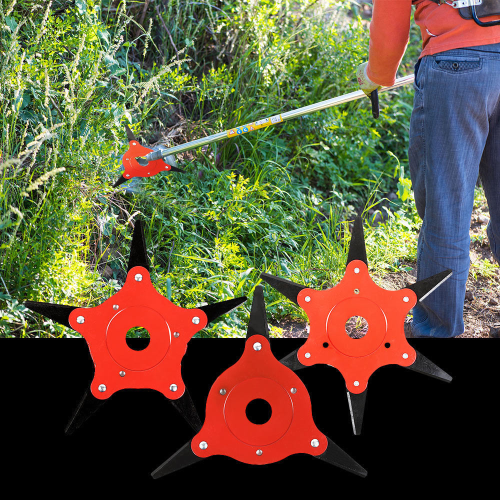 Three red and black star-shaped brushcutter blade attachments shown against a black background, with a lifestyle inset of a person using a string trimmer in tall grass.
