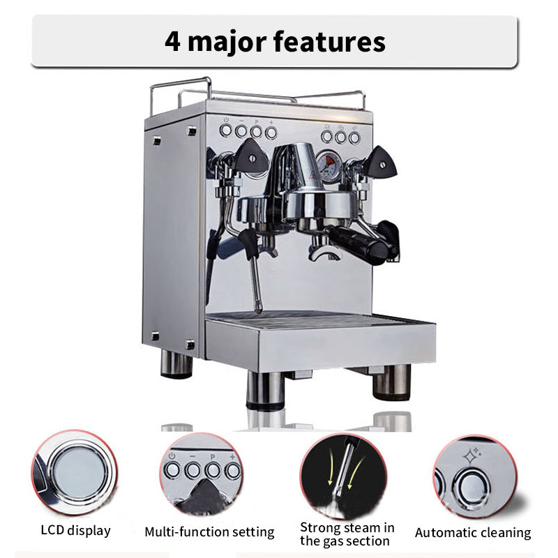 Semi-automatic stainless steel espresso machine with LCD display, multifunction controls, powerful steam wand, and automatic cleaning feature highlighted in a four-feature overview graphic.