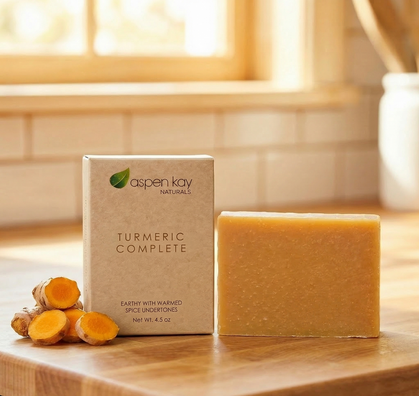 A bar of Aspen Kay Naturals Turmeric Complete soap stands next to its kraft paper packaging box on a wooden countertop, with fresh turmeric roots in the foreground and a softly blurred kitchen background.