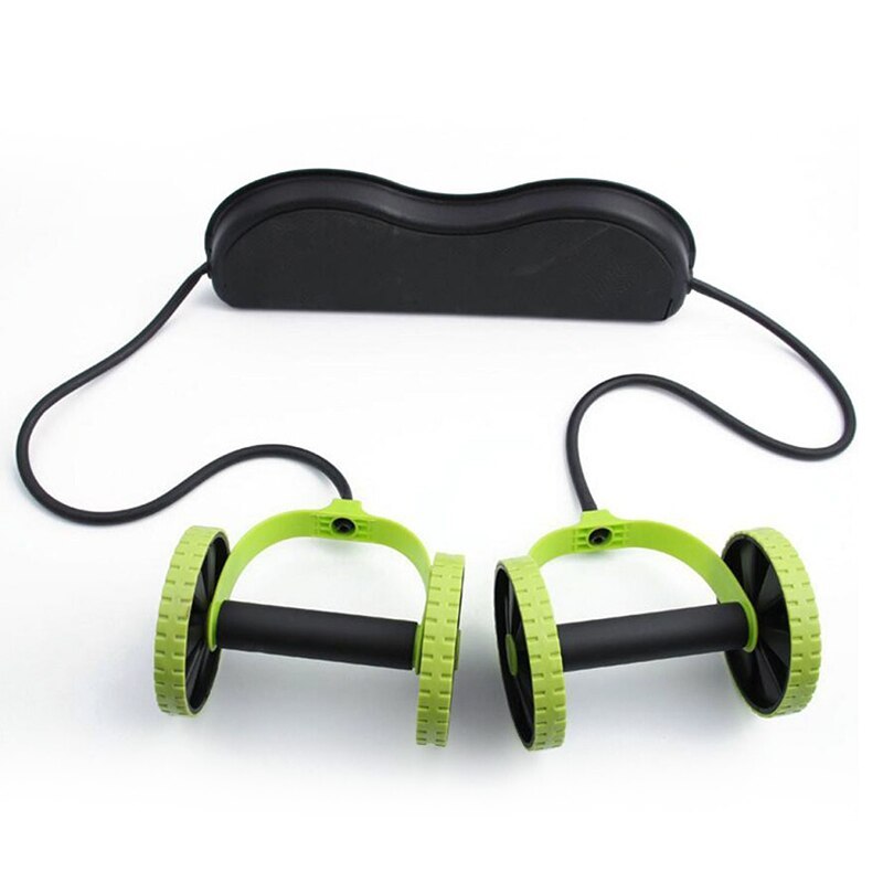 Green and black ab roller with resistance band on a white background