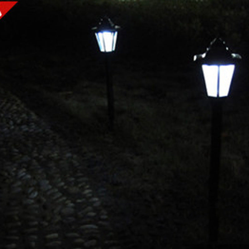 Two illuminated outdoor lamps on a grassy area at night.