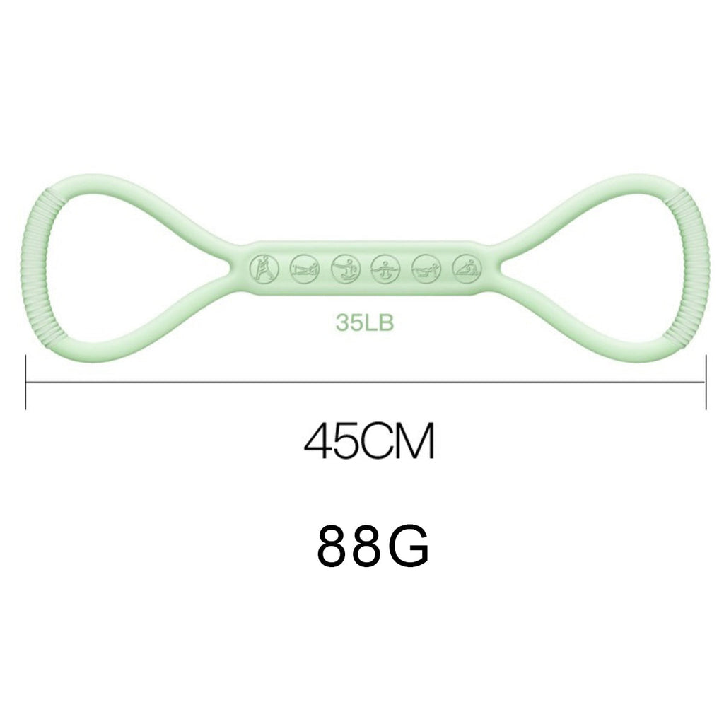 Green resistance band with measurements on a white background