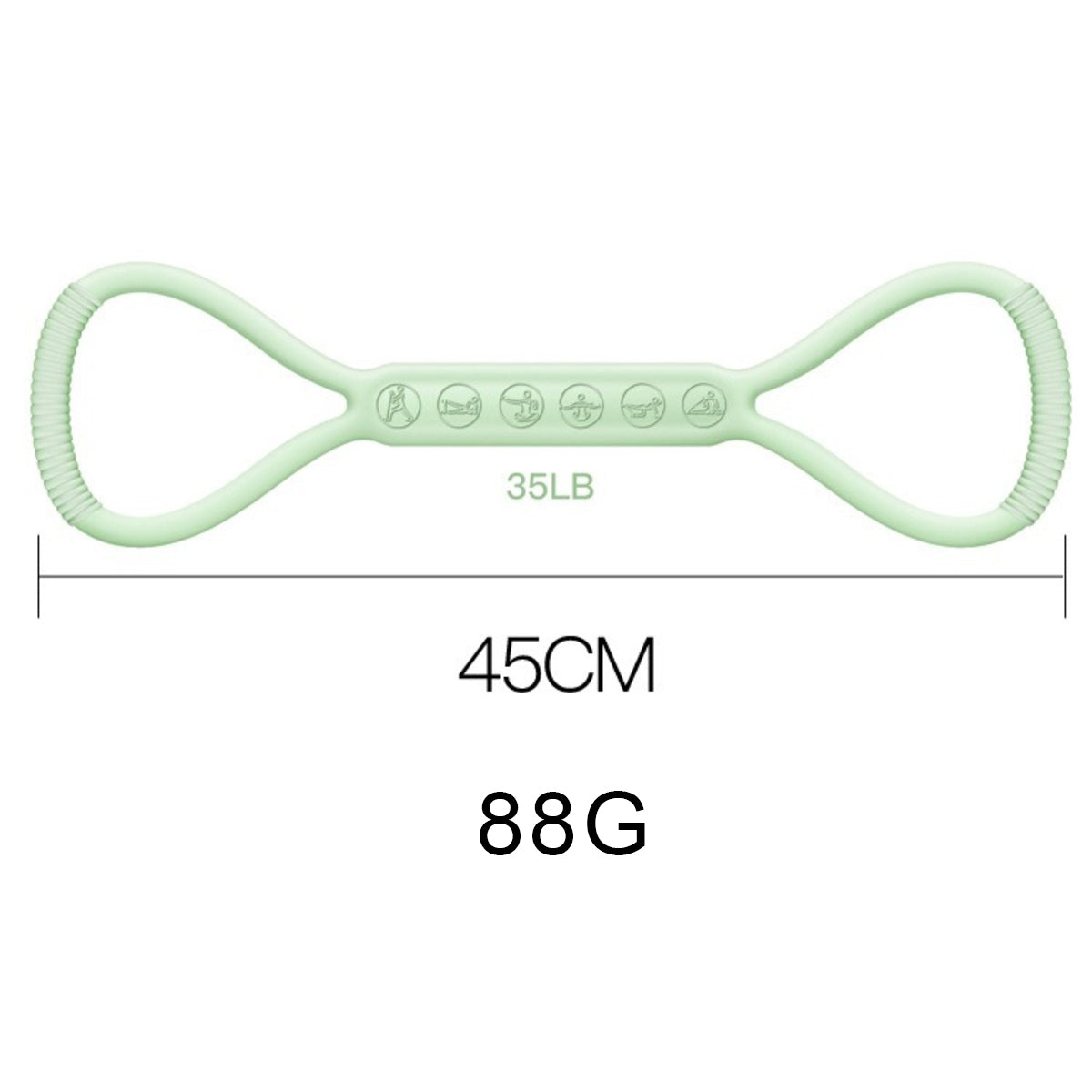 Green resistance band with measurements on a white background