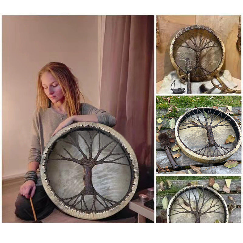 Handmade shaman drum with natural hide and woven Tree of Life design, shown with matching drum mallet and artisan details for meditation, sound healing, spiritual rituals, ceremonies, energy work and rustic altar decor.