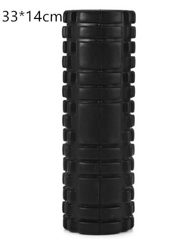 Black foam roller with textured surface on a white background