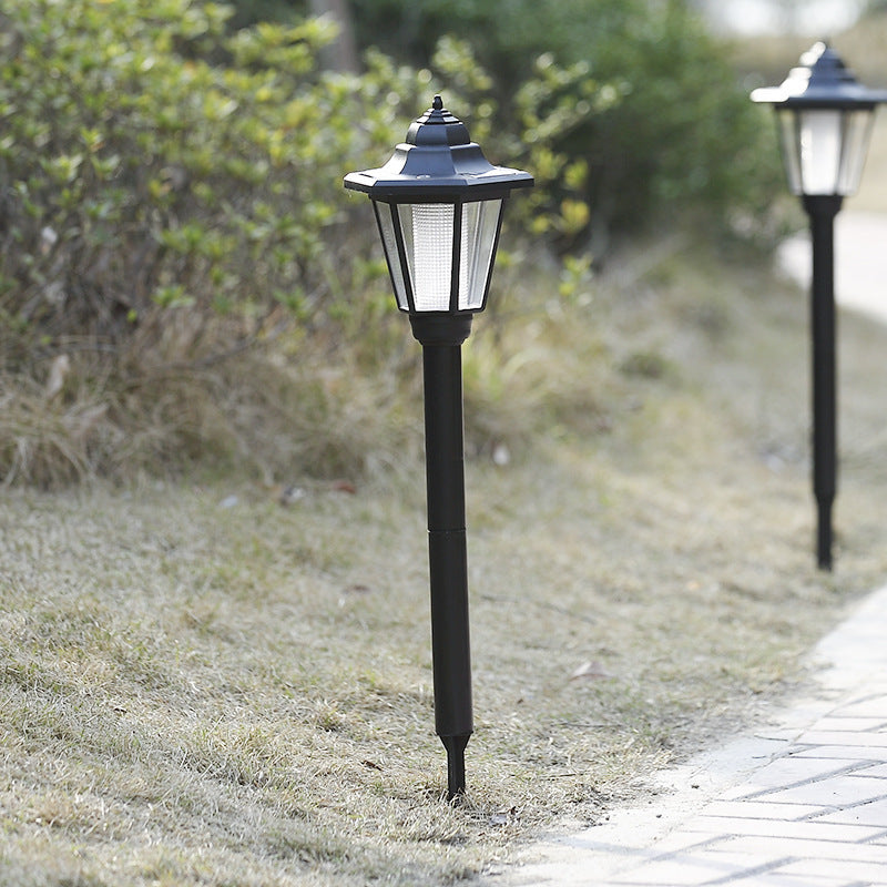 Garden path with black outdoor lamps on either side