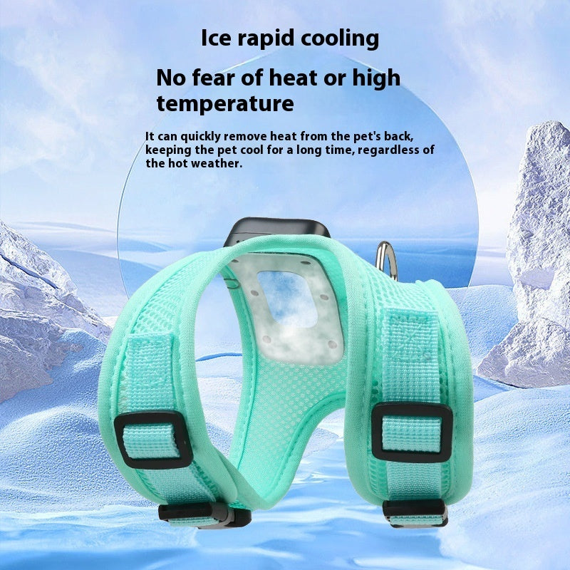 Mint green ice rapid cooling dog harness with breathable adjustable chest straps, secure buckles and cooling technology designed to help keep pets cool in hot summer weather. Comfortable pet harness leash.