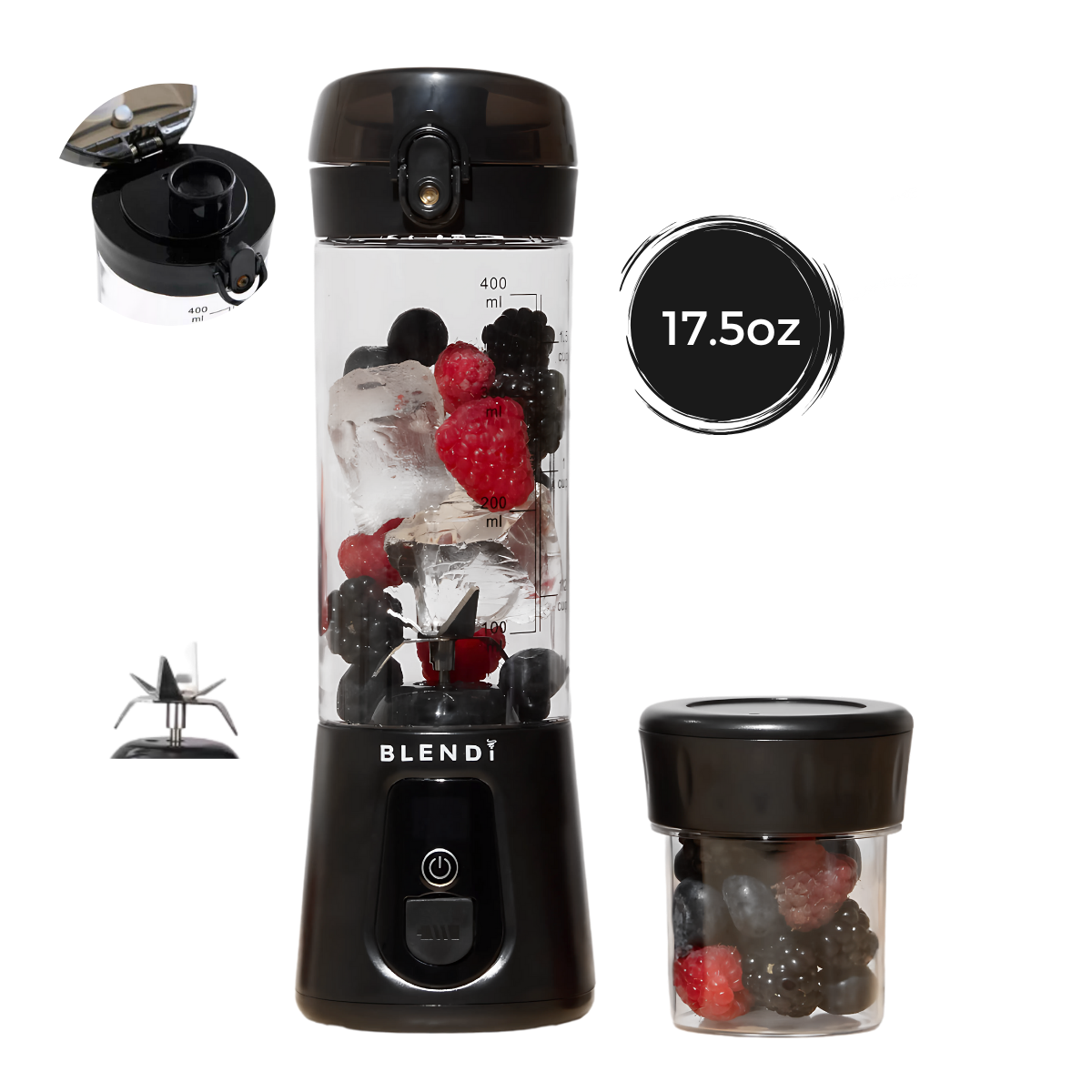 Pro+ 17oz portable ice-crushing blender with travel cup, fruit and ice, powerful blades, compact design for smoothies, shakes and on-the-go blending.