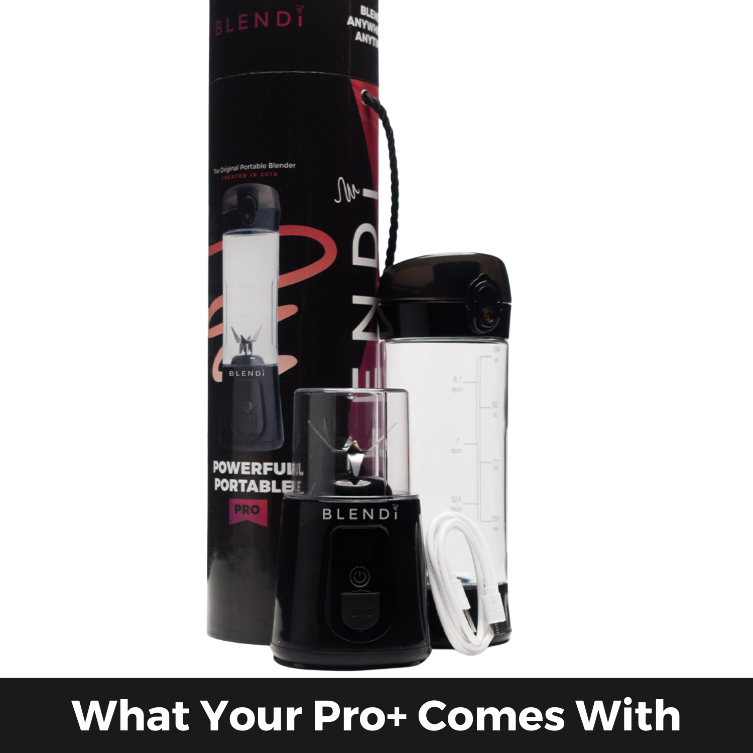 BLENDi Pro+ 17oz portable ice-crushing blender with travel cup, charging cable, blade attachment and packaging for smoothies, shakes and frozen drinks.