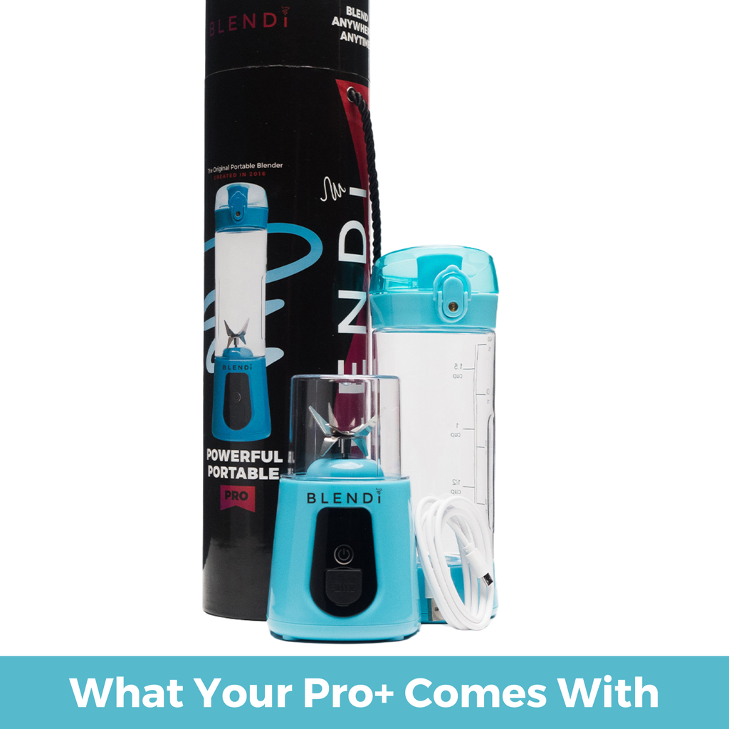 BLENDi Pro+ 17oz portable ice-crushing blender with travel cup, drinking lid, blade attachment, USB charging cable and packaging in blue.