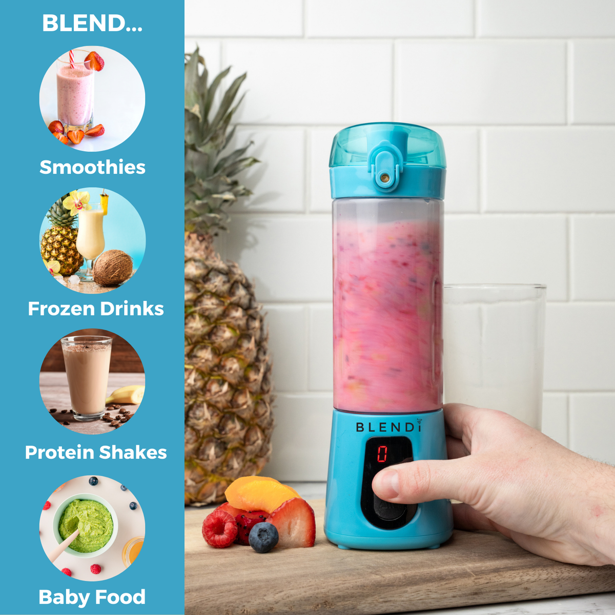 Pro+ 17oz portable ice-crushing blender blending a pink fruit smoothie, with pineapple, berries, and examples of smoothies, frozen drinks, protein shakes, and baby food.