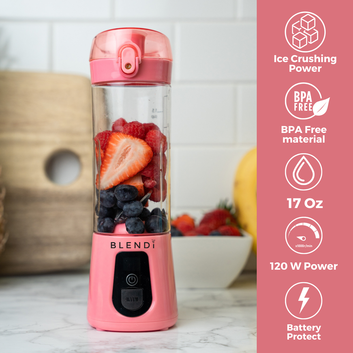 Pink Pro+ 17oz portable ice-crushing blender with BPA-free cup, 120W power and battery protection for smoothies, shakes, fruit and frozen drinks.