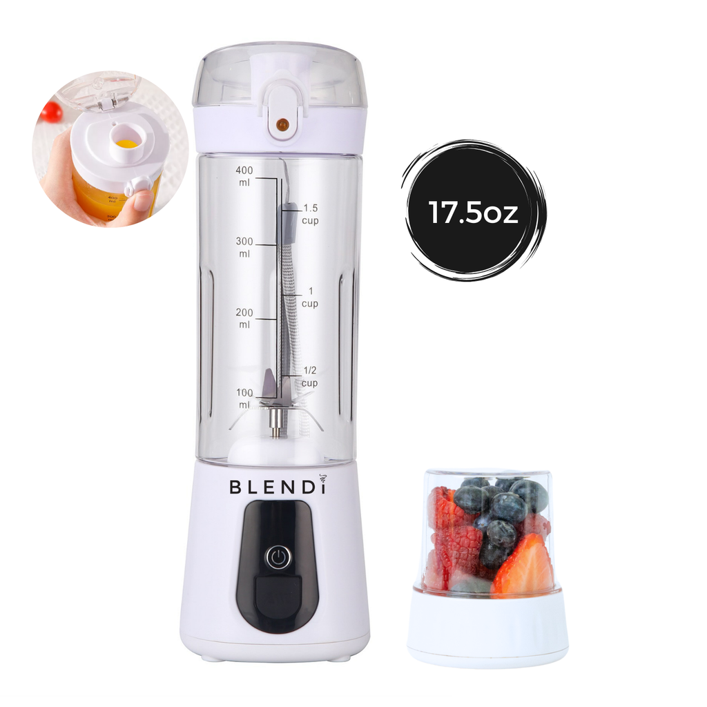 Pro+ 17oz portable ice-crushing blender with measuring scale, travel cup and fruit, ideal for smoothies, shakes, juices and frozen drinks.