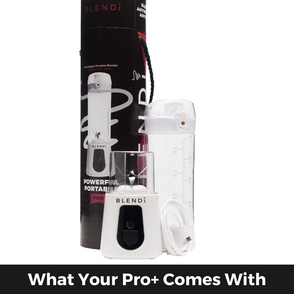 BLENDi Pro+ 17oz portable ice-crushing blender with travel cup, USB charging cable and packaging, ideal for smoothies, shakes and frozen drinks.