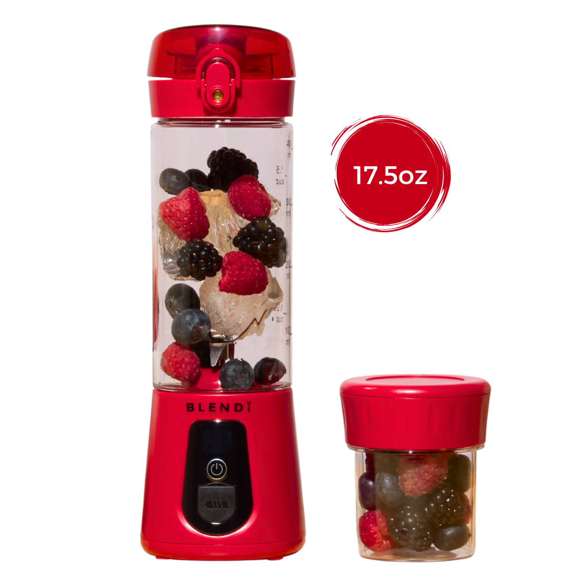 Pro+ 17oz red portable ice crushing blender with fruit, berries, travel cup and storage jar for smoothies, shakes, juices and frozen drinks