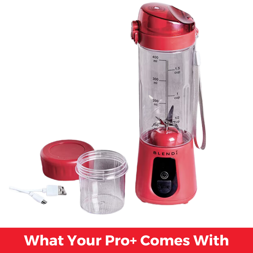 Red Pro+ 17oz portable ice-crushing blender with travel cup, extra blending cup, lid and USB charging cable for smoothies, shakes and frozen drinks.