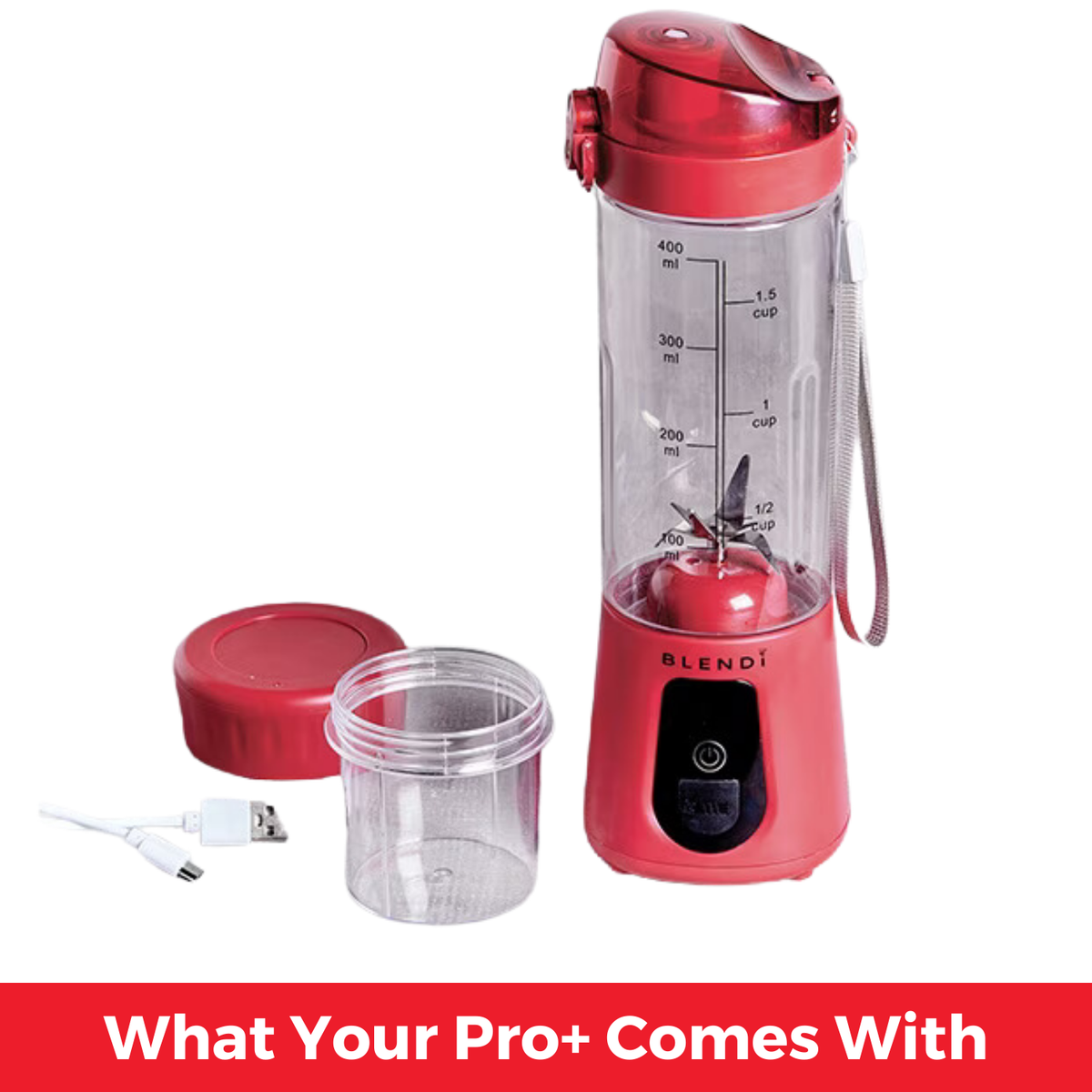 Red Pro+ 17oz portable ice-crushing blender with travel cup, extra blending cup, lid and USB charging cable for smoothies, shakes and frozen drinks.