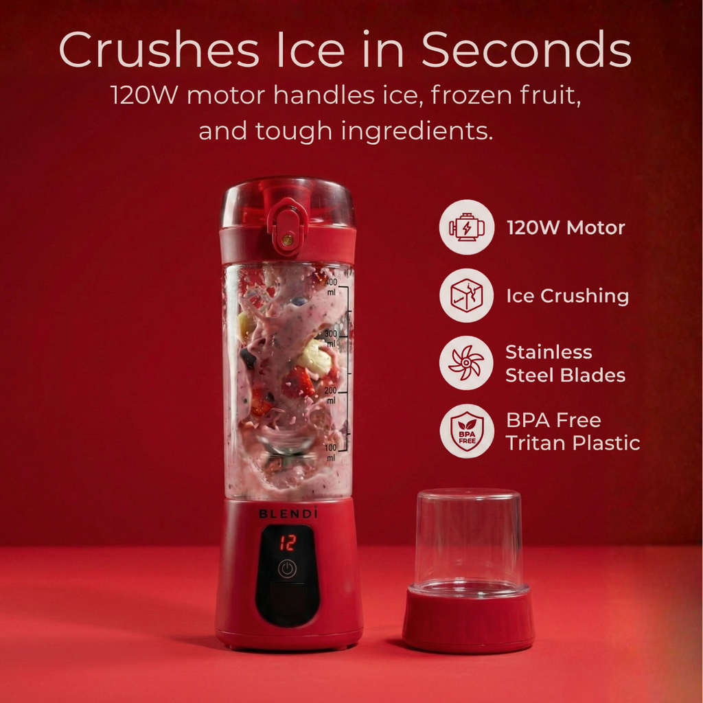 Red portable Pro+ 17oz portable ice-crushing blender with 120W motor, stainless steel blades, BPA-free Tritan travel cup, frozen fruit and smoothie blending.